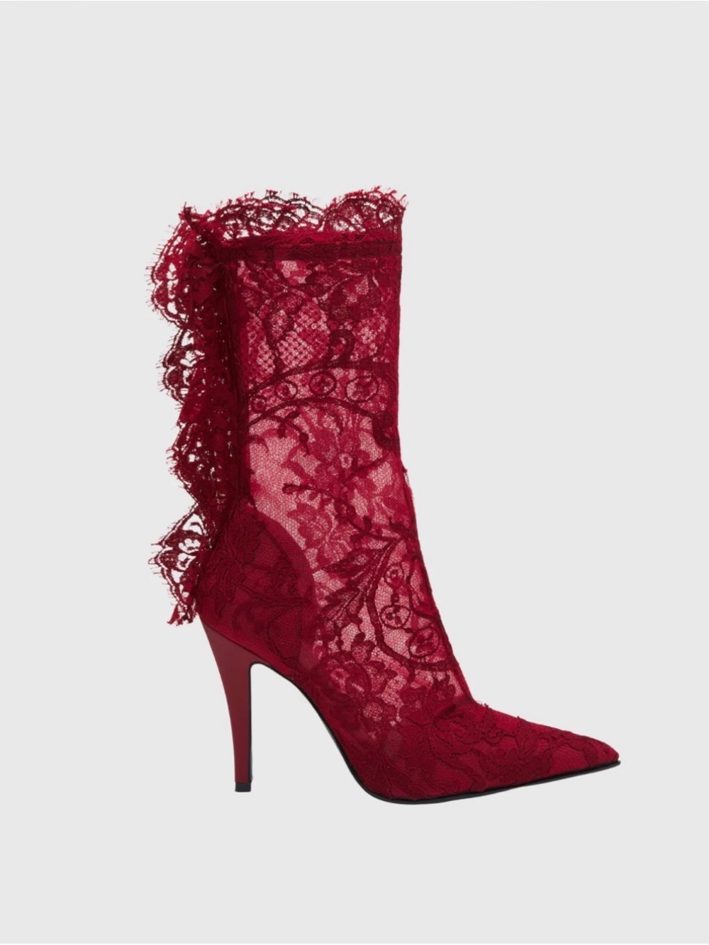 Sheer Lace Pointed Stiletto Boot in Burgundy